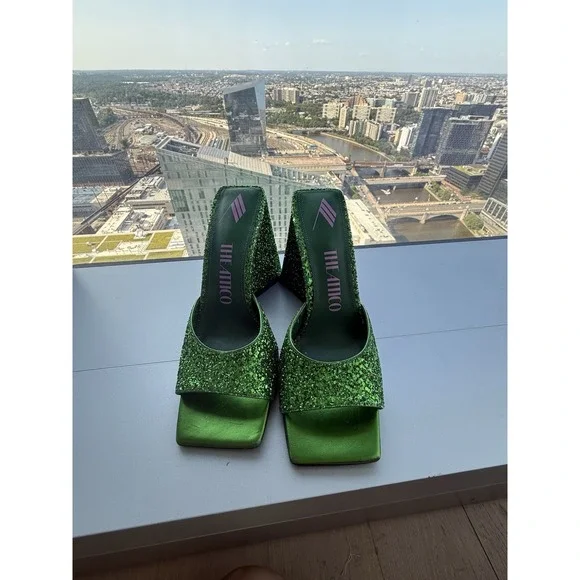The Attico Size 38 US 8 Luz Green Glitter Sparkle Mule Block Heels EUC $600 - Picture 4 of 10